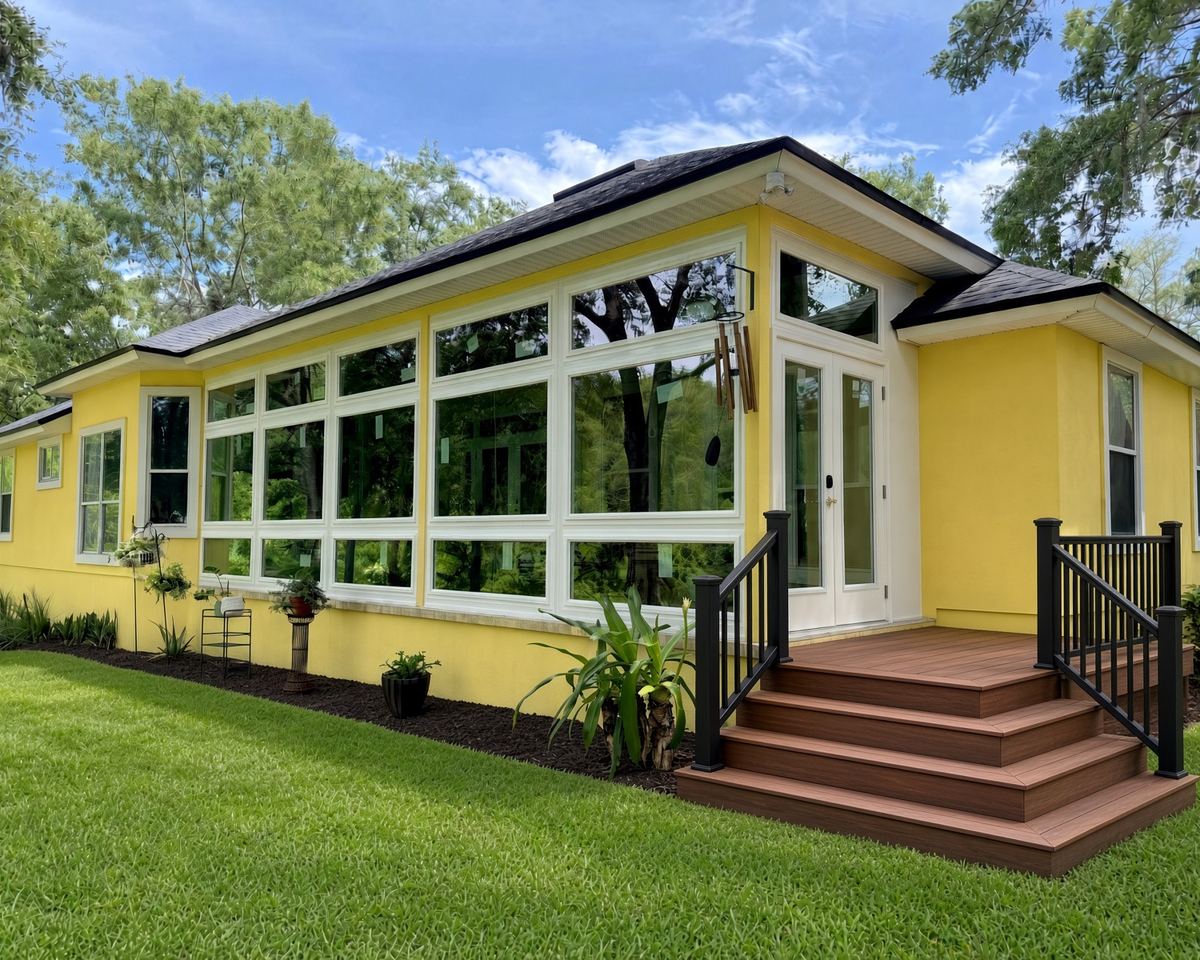 Sunroom addition with white-framed windows and French doors completed by Better Home Improvement in Green Cove Springs, FL