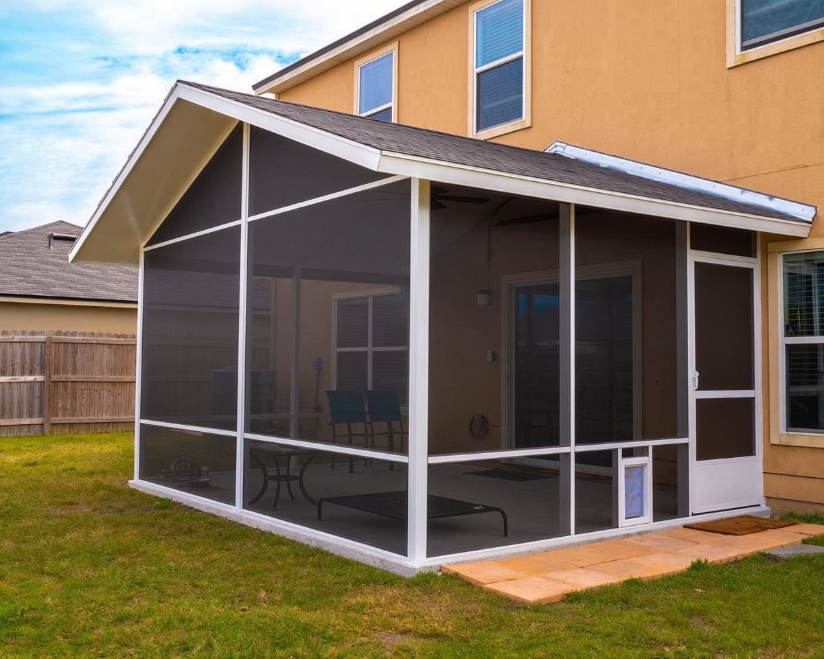 Gable screen room built by Better Home Improvement on a two-story home in Yulee, FL