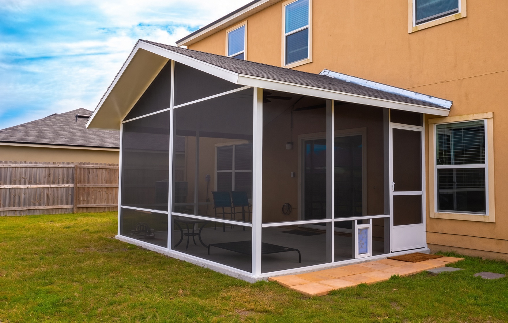 Custom white screen enclosure with gable roof in Orange Park Florida